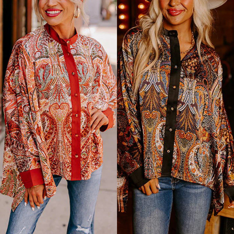 Autumn Winter Retro Printed Loose Street Tops Shirt for Women