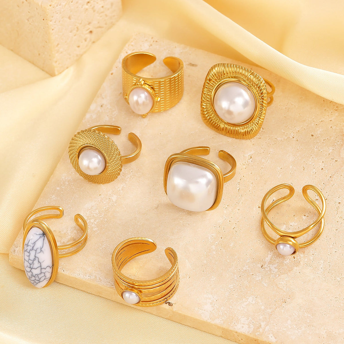 Adjustable Open Stainless Steel Pearl Ring, 18K Gold Plated Oval Baroque Ring