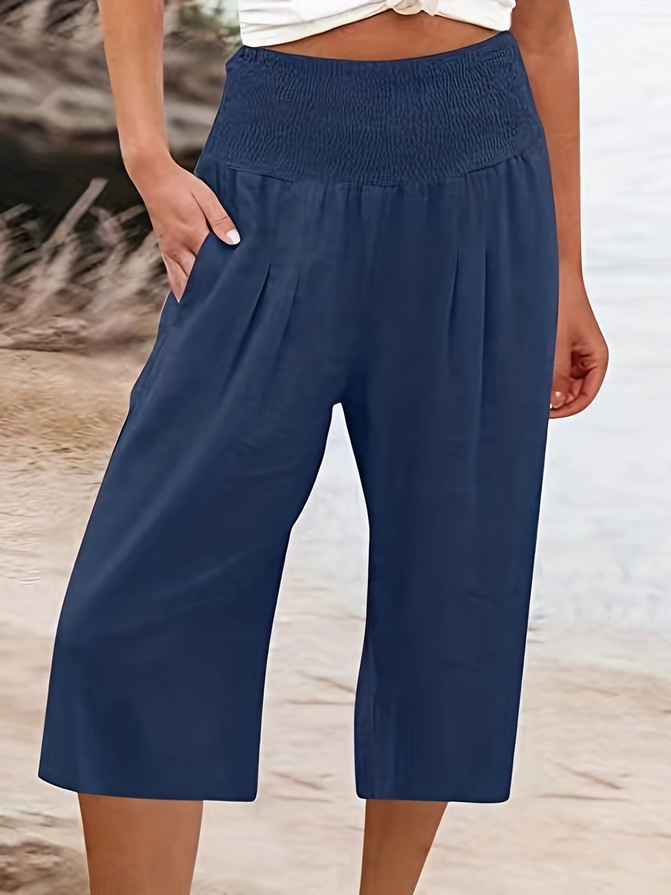 Summer Cotton Linen Capri Pants Smocking Thin Pocket Wide Leg Casual Pants Women