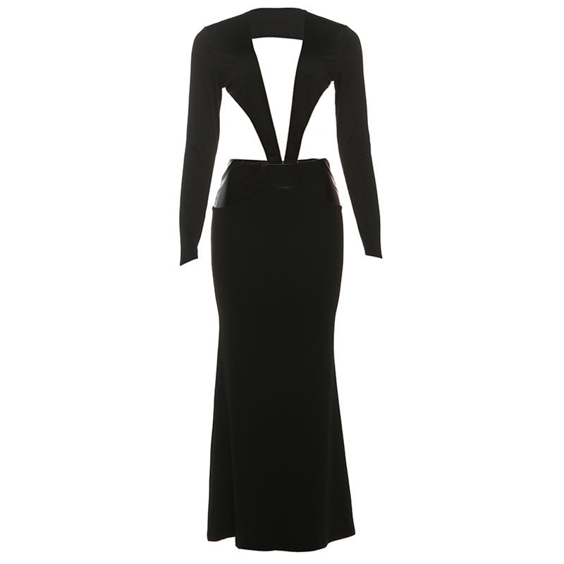 Women Clothing Autumn Winter Sexy Deep V Plunge neck Hollow Out Cutout out Long Sleeve Stitching Solid Color Dress