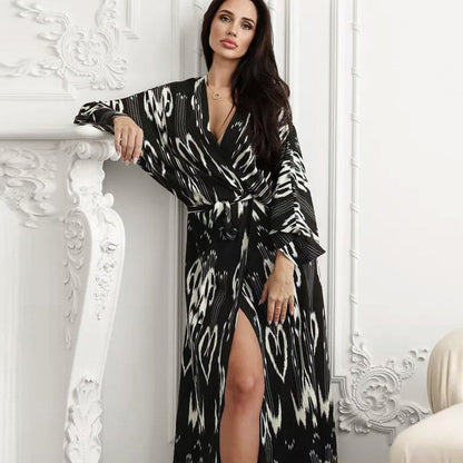 Fall Long Loose Casual Homewear Artificial Silk Printed Cardigan Ladies Robe