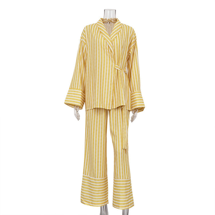 Women' Clothing Autumn Striped Long Sleeve Loose Lace up Top High Waist Trousers Casual Set