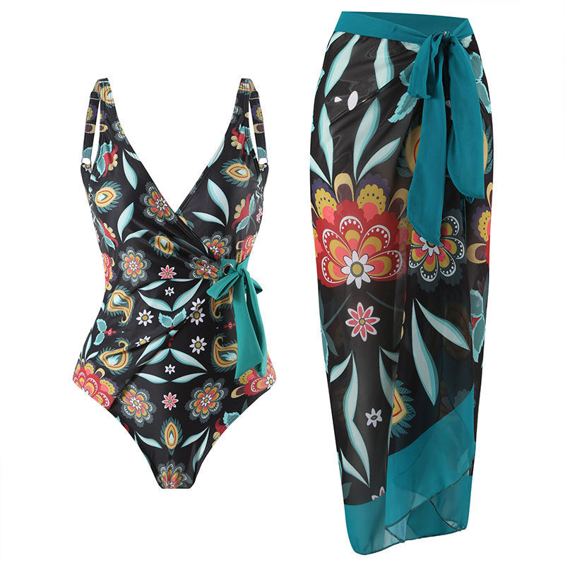 Siamese Conservative Cover Belly Backless Sexy Swimsuit Women Suit Chiffon Beach Skirt