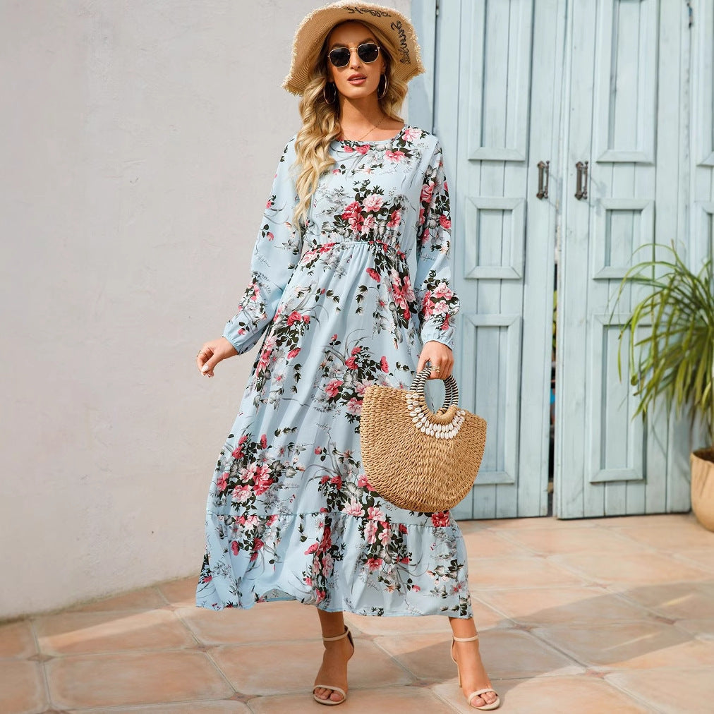 Spring and Autumn floral chiffon dress waist thin long sleeve round neck long printed skirt children