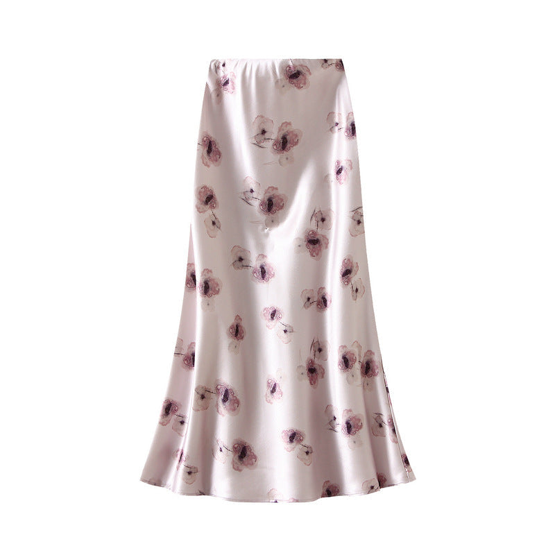 High Grade Satin Skirt Women Summer Printed Fishtail Skirt Slim Fit Mid Length Dress