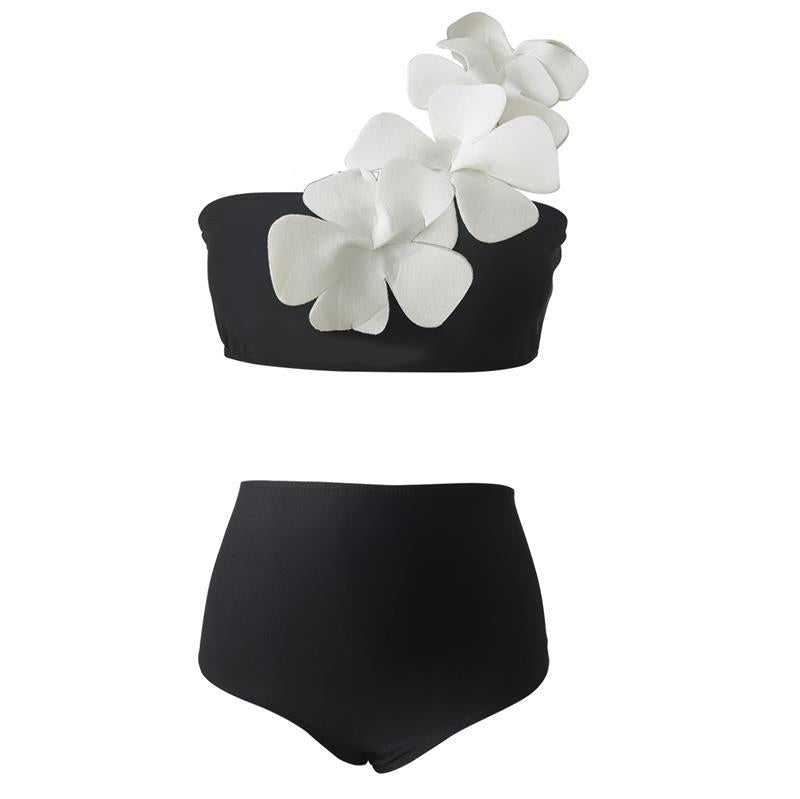 Solid Color One Shoulder Three Dimensional Floral Design Split Women Bikini Swimsuit