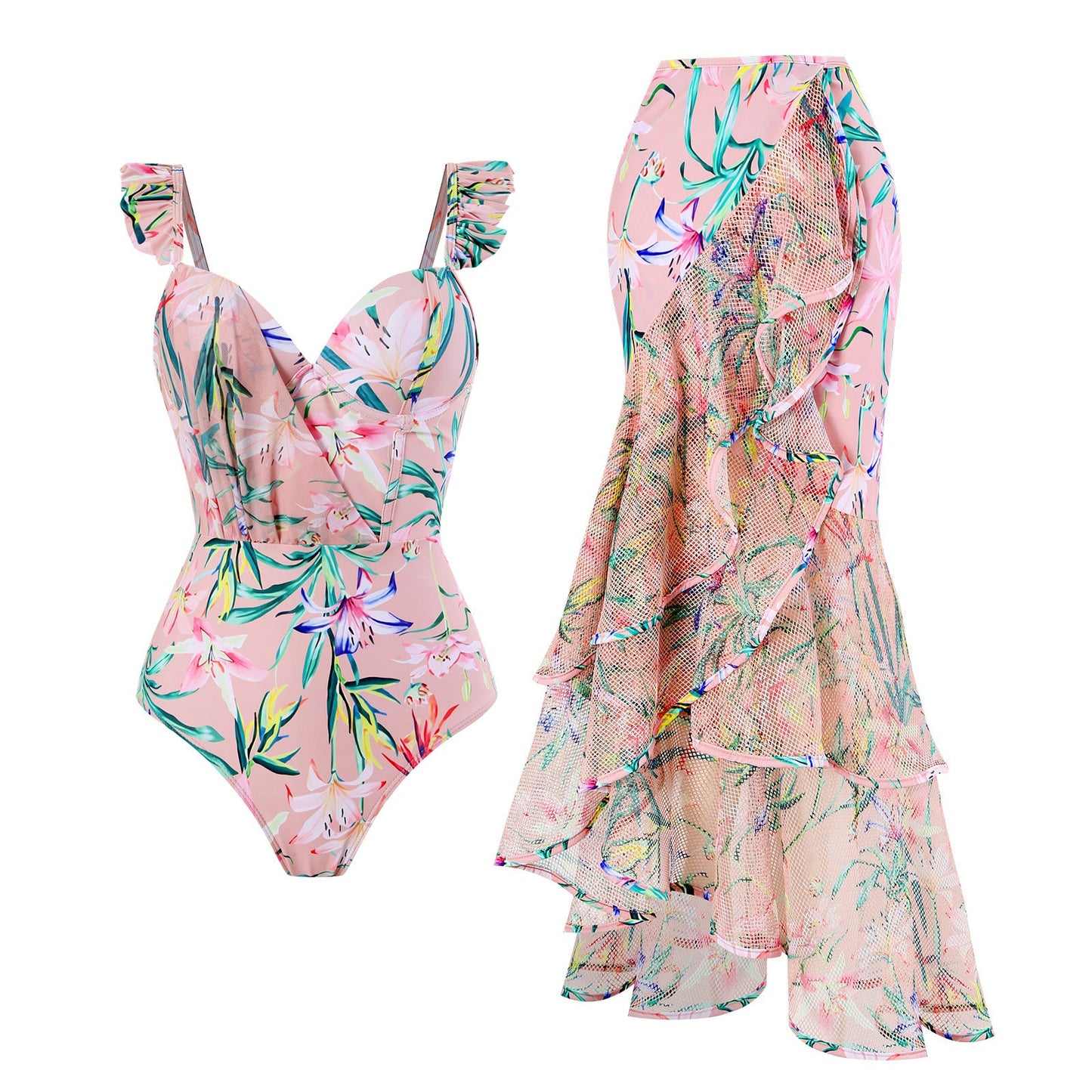 Siamese Conservative Flying Edge Covering Belly Thin Sexy Skirt Swimsuit Women Wrap Skirt Set
