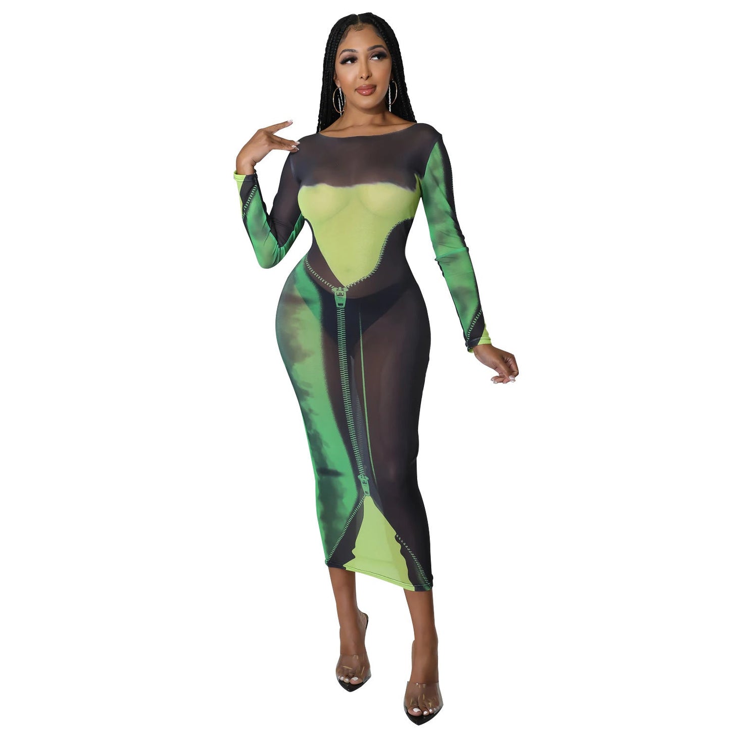 Summer Women Clothing Sexy Mesh Floral Print Long Sleeve Mid-Length Women Dress