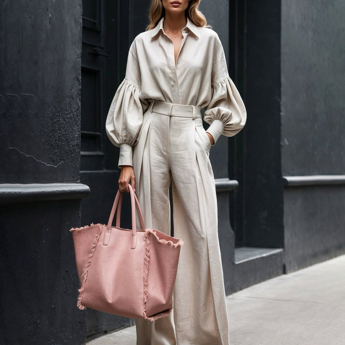 Autumn Solid Color Long Sleeved Shirt Wide Leg Pants Cotton Linen Two Piece Sets