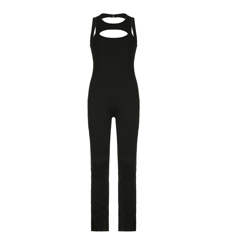 Women Clothing Solid Color Personalized Chest Hollow Out Cutout Backless Body Shaping Wide Leg Slightly Flared Jumpsuit Summer