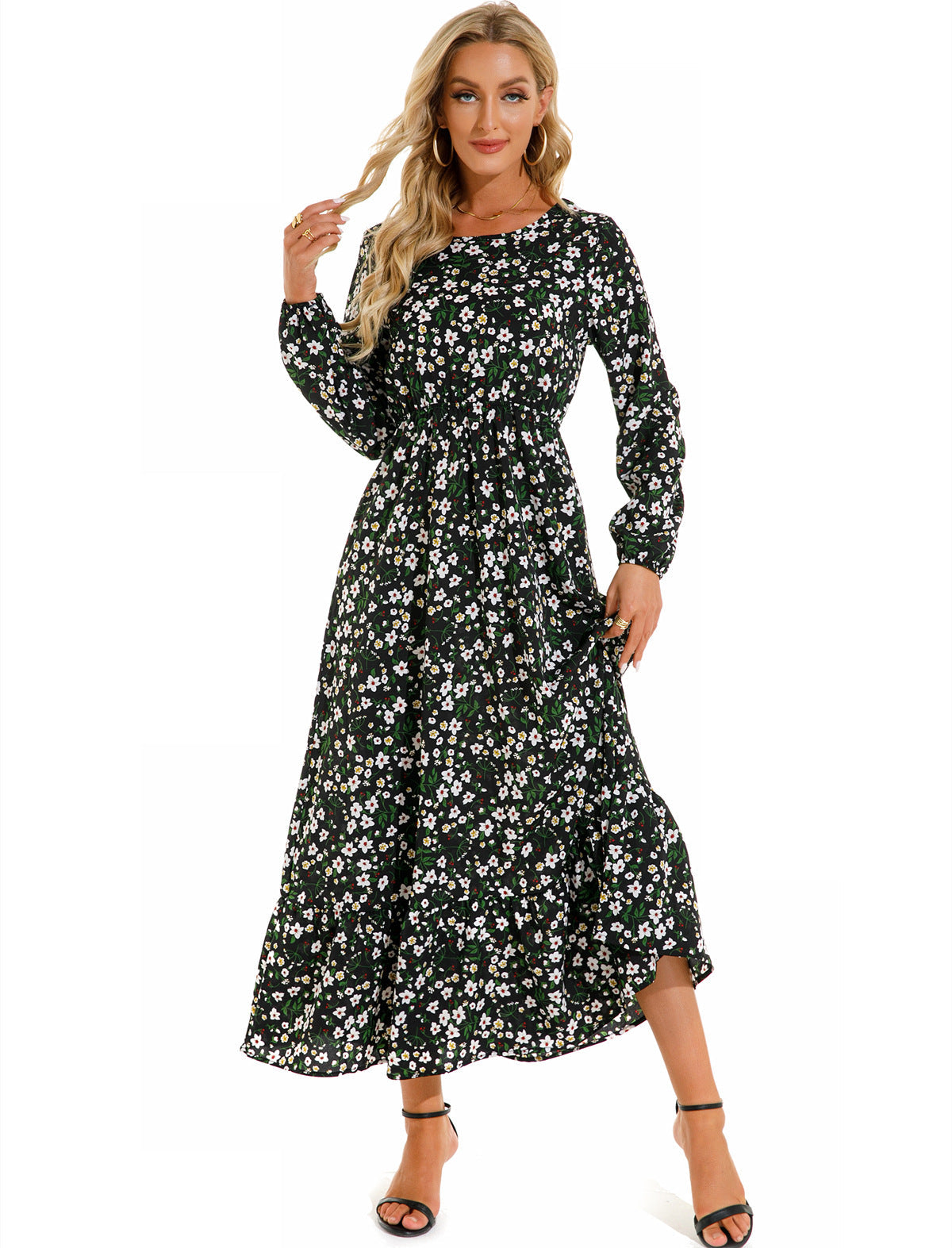 Spring and Autumn floral chiffon dress waist thin long sleeve round neck long printed skirt children