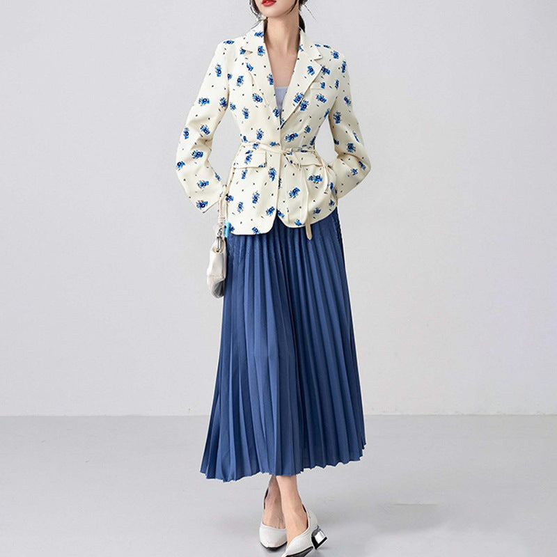 Women Clothing Spring Autumn Printed Loose Collar Lace up Waist Tight Blazer