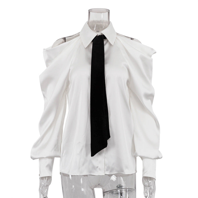 Shirt High Grade off Shoulder Halter Top Office Long Sleeve Collared Shirt Women Tie