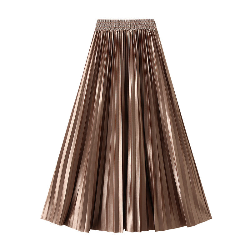 Slimming Spring Glossy Glossy High Waist Pleated A line Slimming Long Skirt Women Skirt
