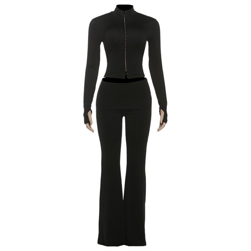 Autumn Winter Women Clothing Personality Stand up Collar Slim Fit Slimming Hooks Cardigan Top Casual Pants Two Piece Sets