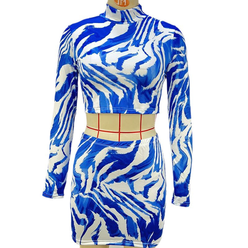 Women Clothing Autumn Zebra Print Cropped Top Sheath Skirt Sets