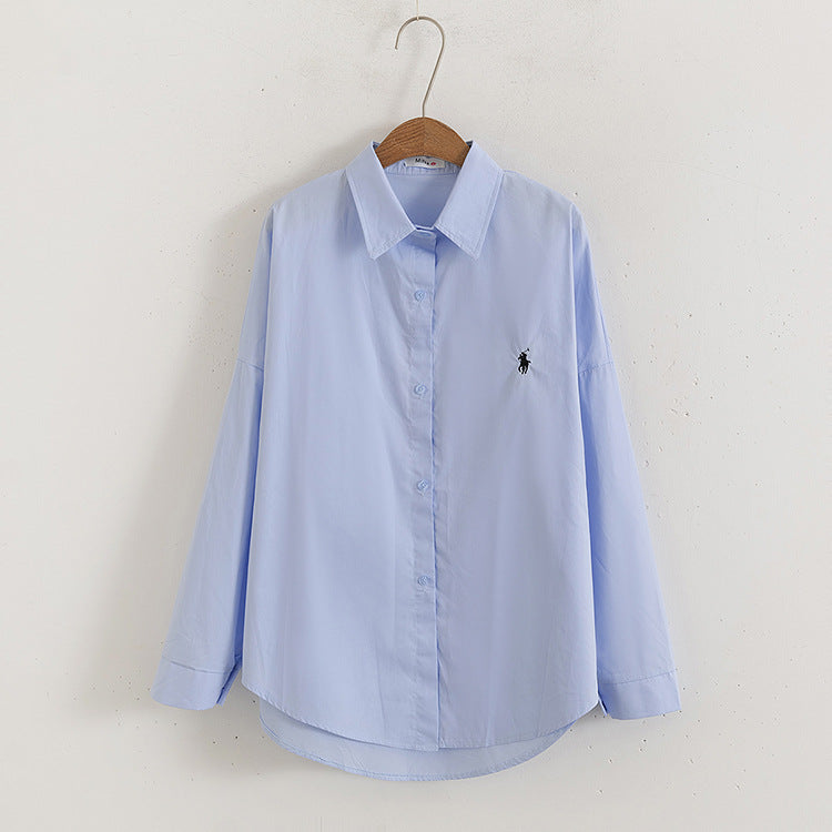 Pony Embroidered Blue Shirt Women Long Sleeve Loose Niche Shirt