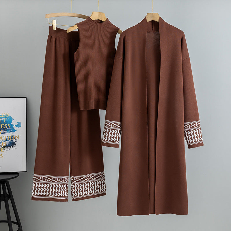 Autumn Winter Middle East Elegant Graceful Cardigan Robe Knitted Wide Leg Pants Three Piece Set for Women