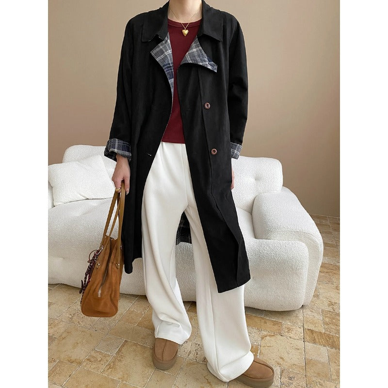 Early Autumn Faux Suede Double Sided Wear Retro Plaid Stitching British Trench Coat