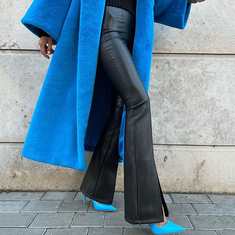 Autumn Winter Faux Leather White Stitching Slit Sexy Tight Slightly Flared Leather Pants Women Agent
