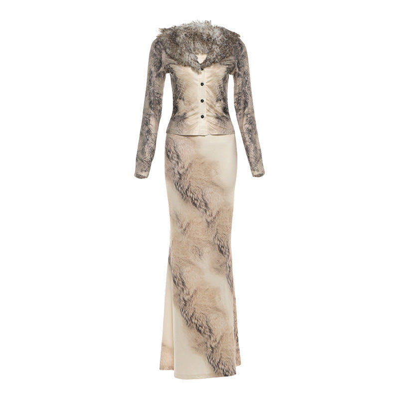 Autumn Winter Slim V neck Fur Collar Long Sleeve Cardigan High Waist Sheath Skirt Set