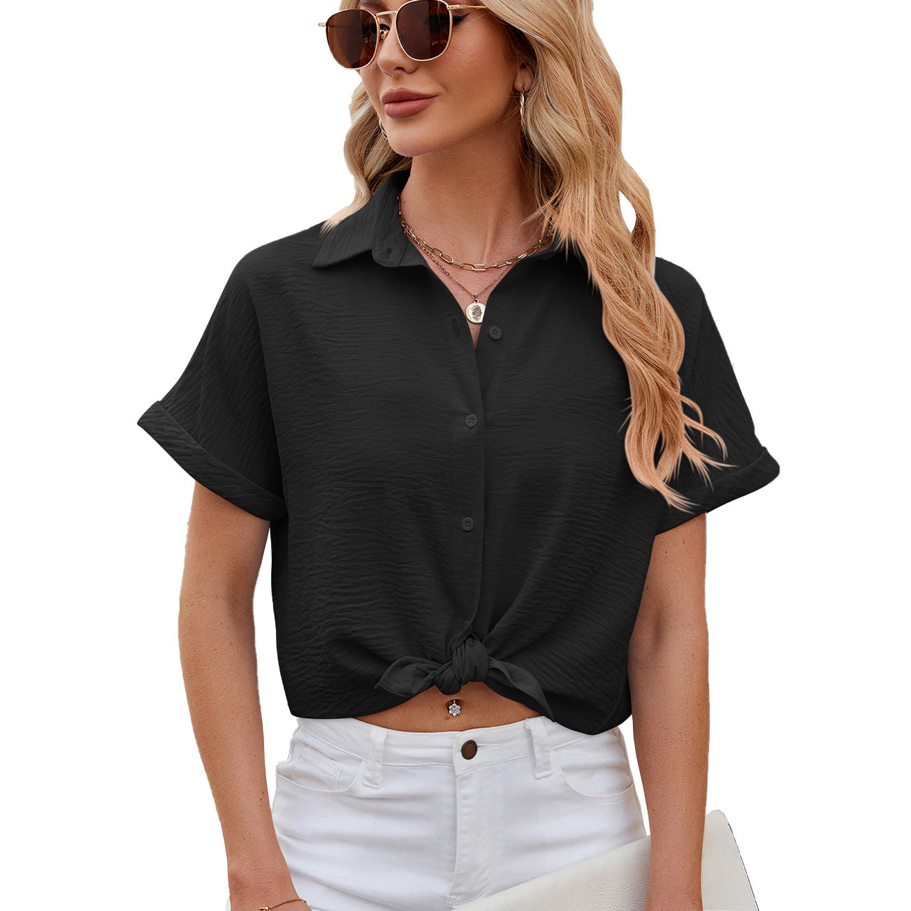 Spring Summer Solid Color Polo Collar Short Sleeved Shirt Button Loose Chiffon Shirt