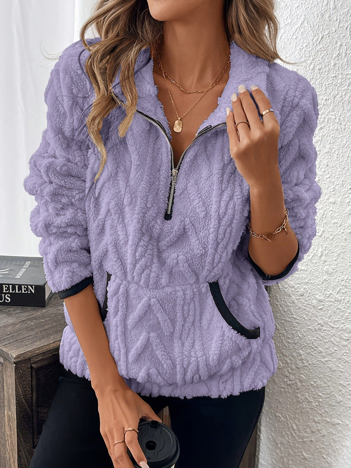 Autumn Winter Collared Classic Jacquard Half Zipper Plush Pocket Short Sweater