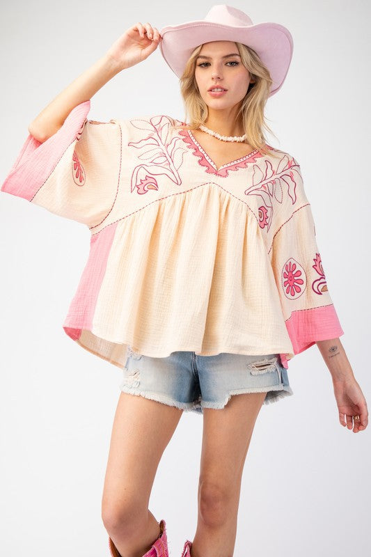 Spring Summer Women Clothing V neck Stitching Flare Sleeve T shirt Contrast Color Loose Top for Women