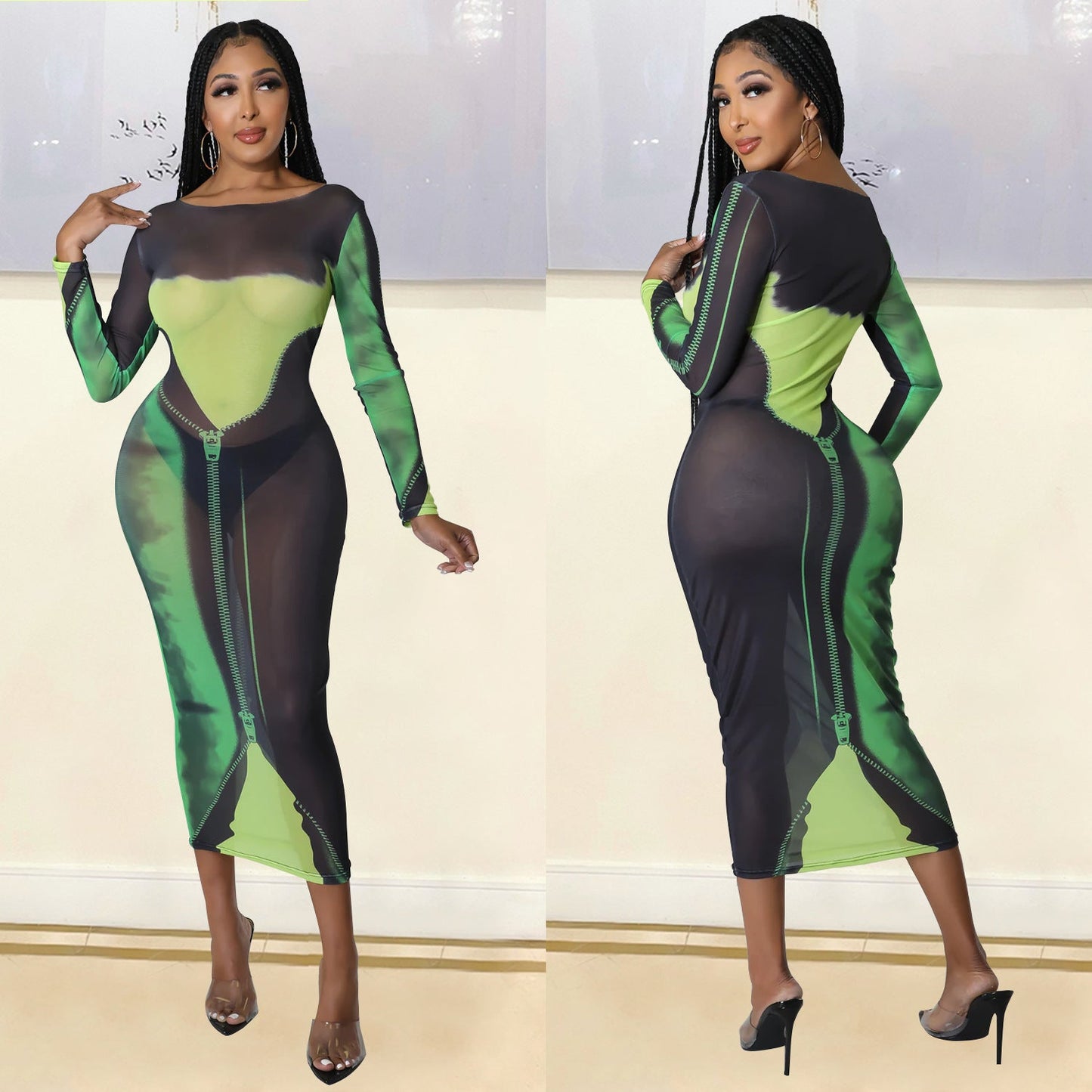 Summer Women Clothing Sexy Mesh Floral Print Long Sleeve Mid-Length Women Dress