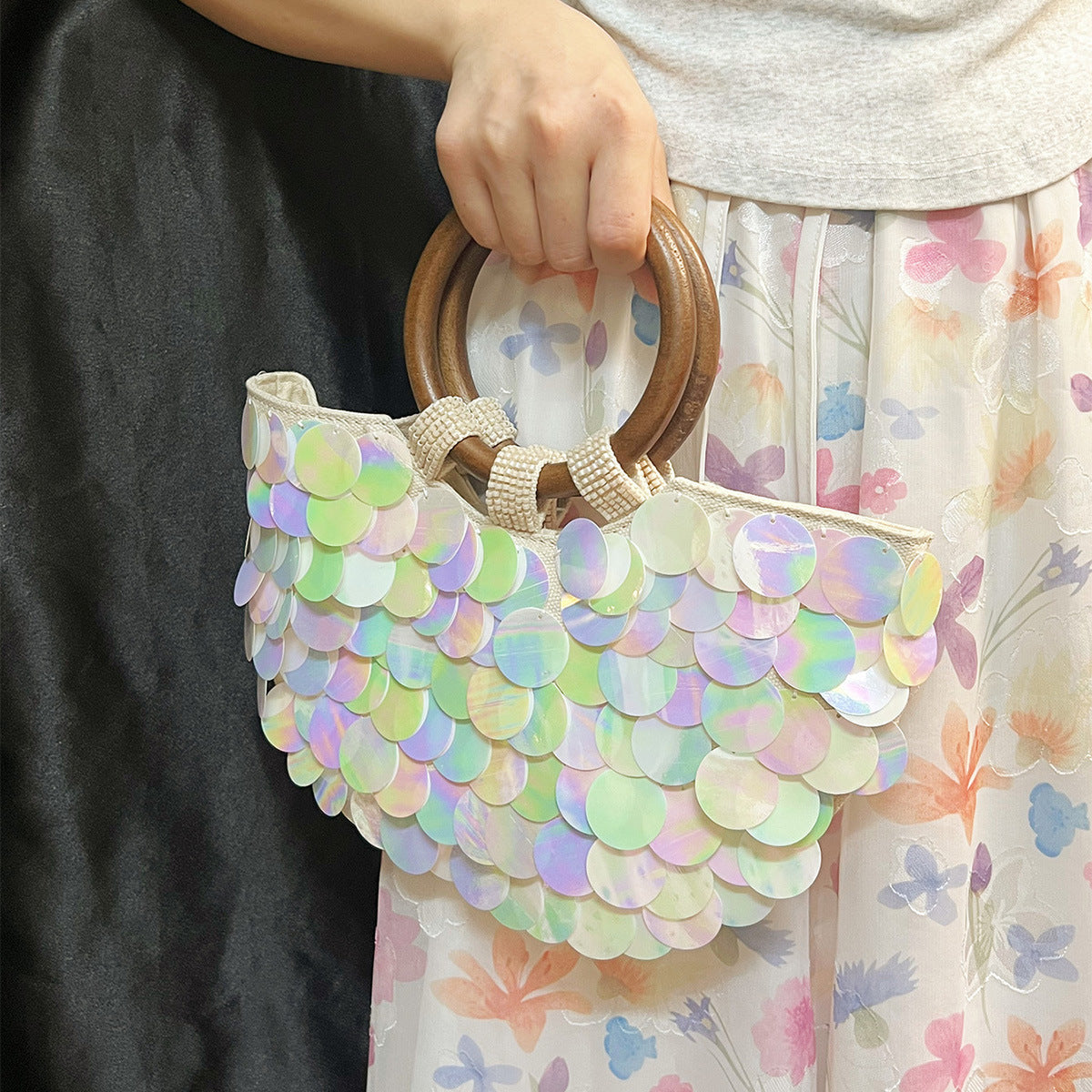 Spring Summer Colorful Shell Sequ Hand Woven Scale Silver Paillette Dinner Handbag