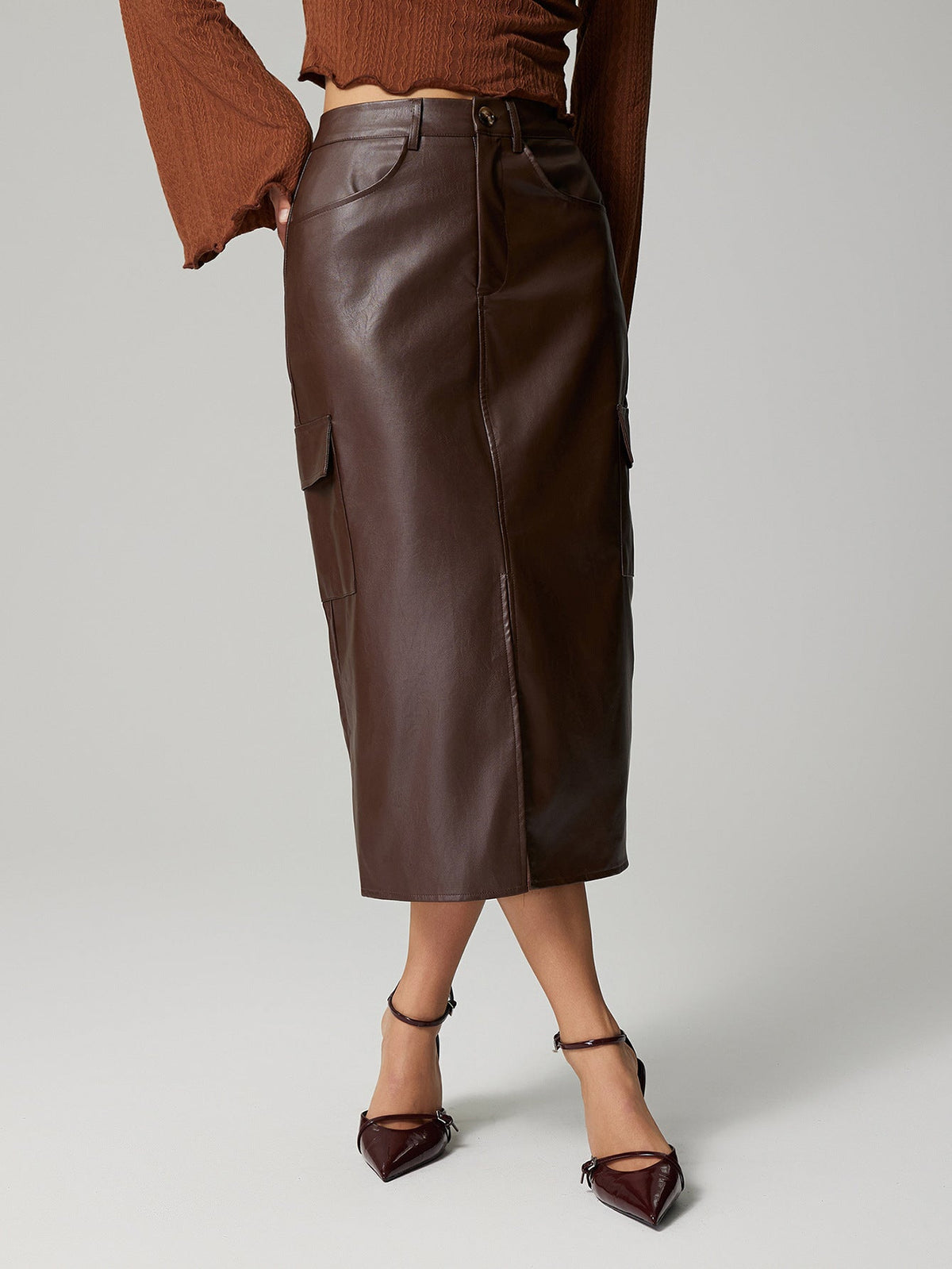 Women Clothing High Waist Slit Slim Fit Slimming Faux Leather Skirt