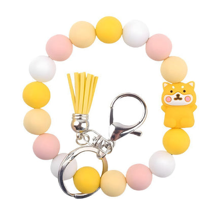PU Tassel Keychain Bag charm Silicone Beaded Keychain Wristlet Key Ring Bracelet Cute Car Key Chain Holder for Women Girls