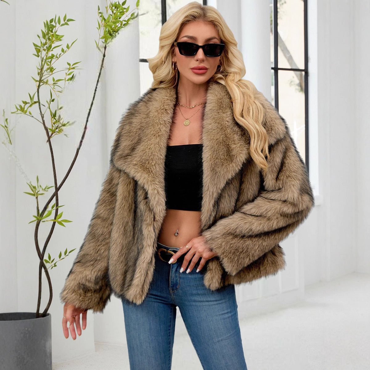 Women Clothing Faux Fur Warm Fluffy Faux Fur Coat Faux Fur