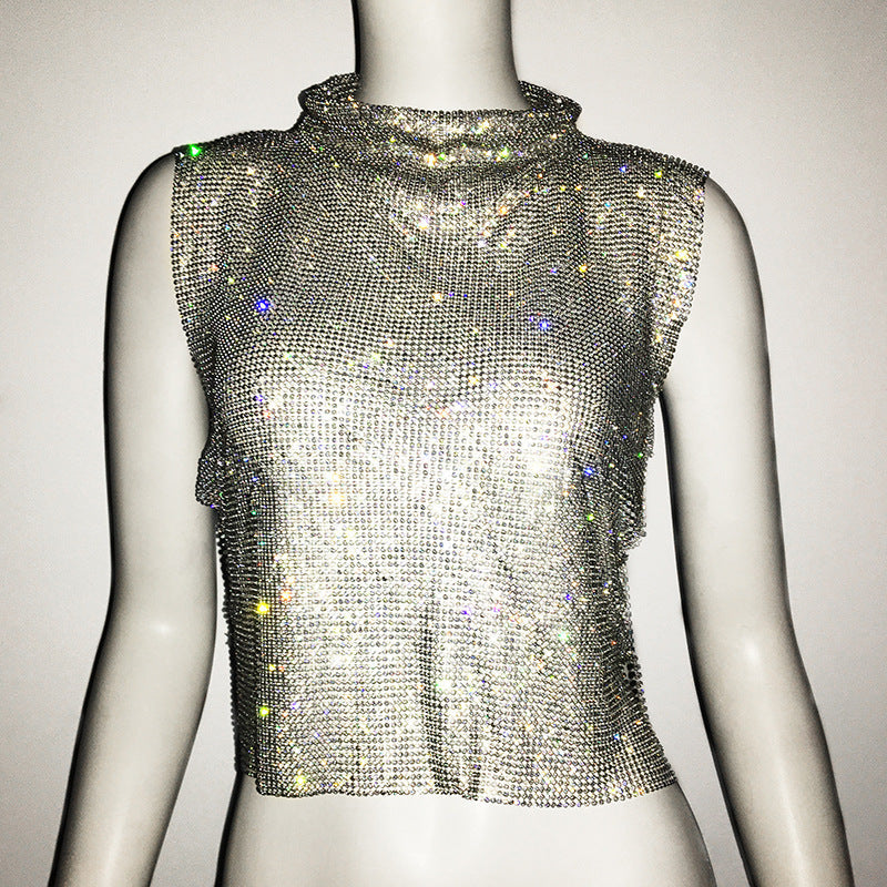 Women Clothing Full Diamond Vest Luxury Turtleneck Rhinestone Top Sexy Nightclub Sexy Vest