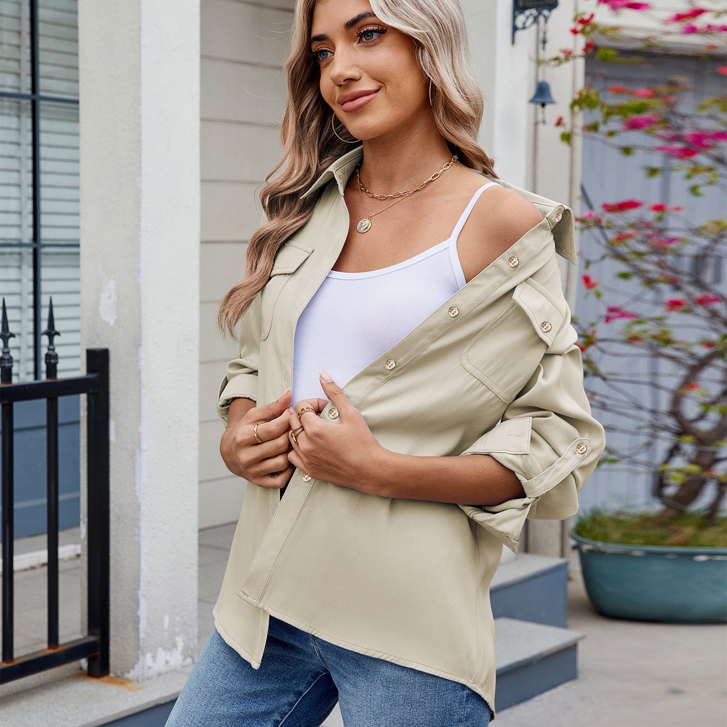 Women Clothing Spring Summer Casual Long Sleeved Adjustable Shirt Top