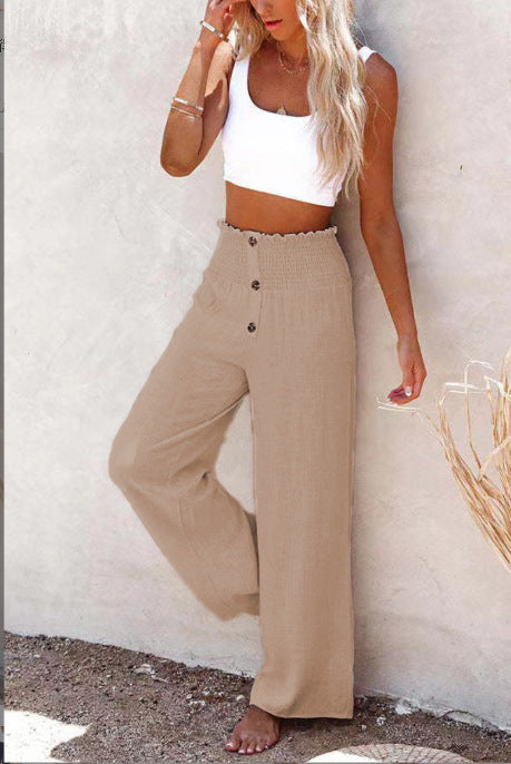 Women Clothing High Waist Loose Long Cotton Linen Wide Leg Pants Elastic Loose Casual Wide Leg Women