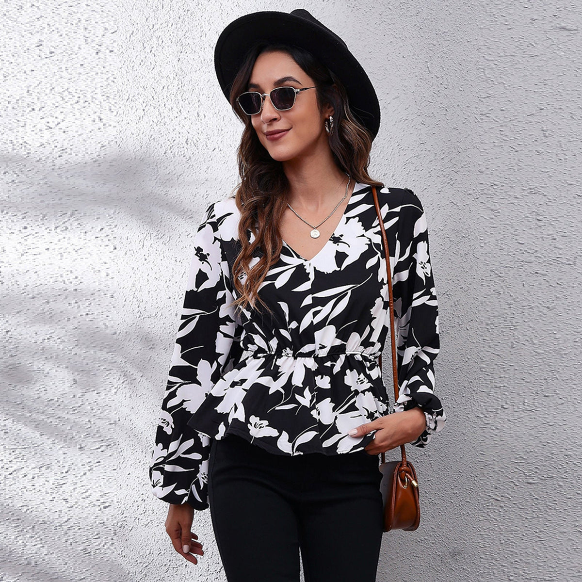 V Neck Cinched Plaid Floral Print Lantern Sleeve Chiffon Shirt Women Shirt Spring Autumn Women Clothing