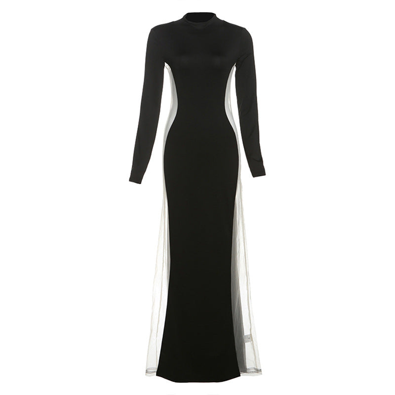 Autumn Winter Women Clothing Sexy Sheer Mesh Stitching High Waist Slim Long Sleeve Dress