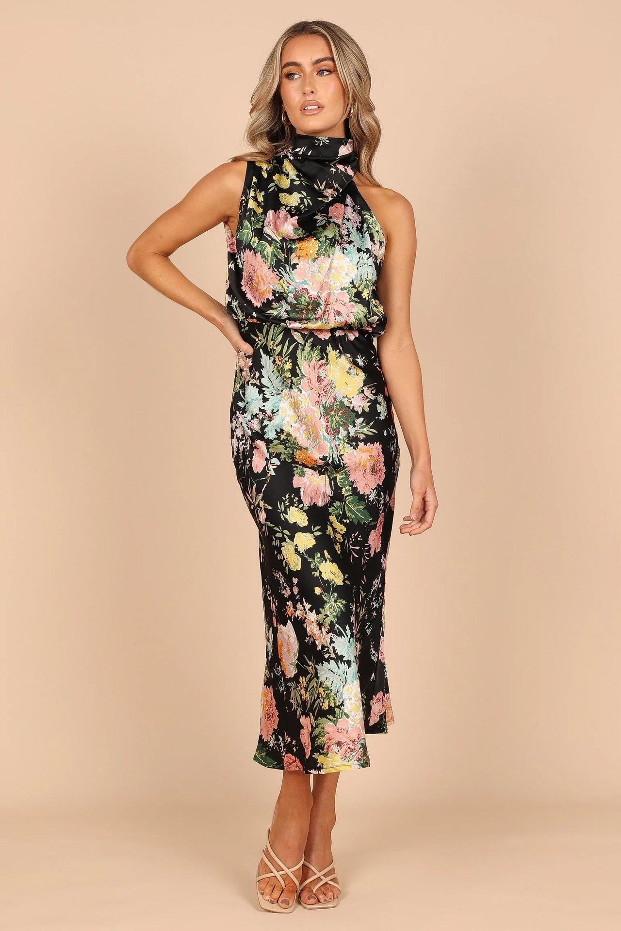 Women's Summer Sundress - Sexy Halter Sleeveless Satin Dress with Elastic Waist & Ruffle Trim