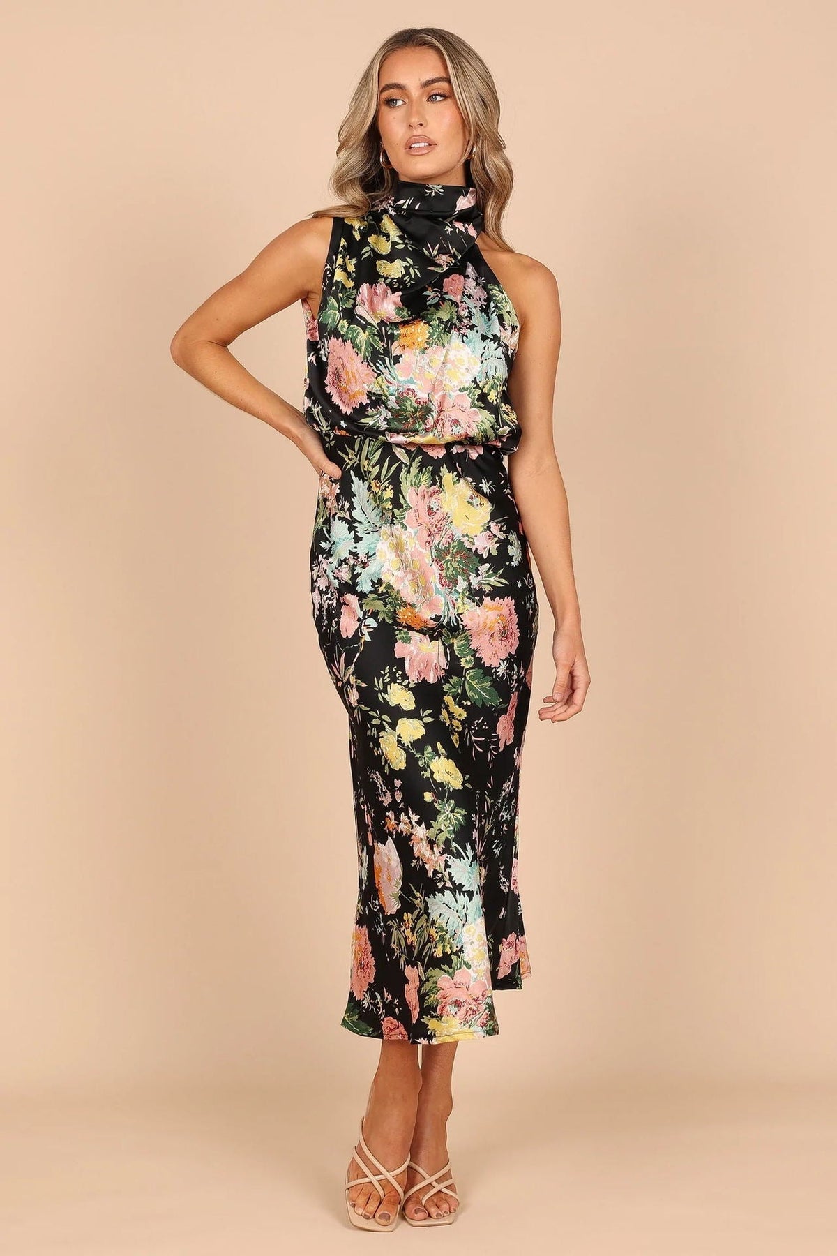 Women's Summer Sundress - Sexy Halter Sleeveless Satin Dress with Elastic Waist & Ruffle Trim