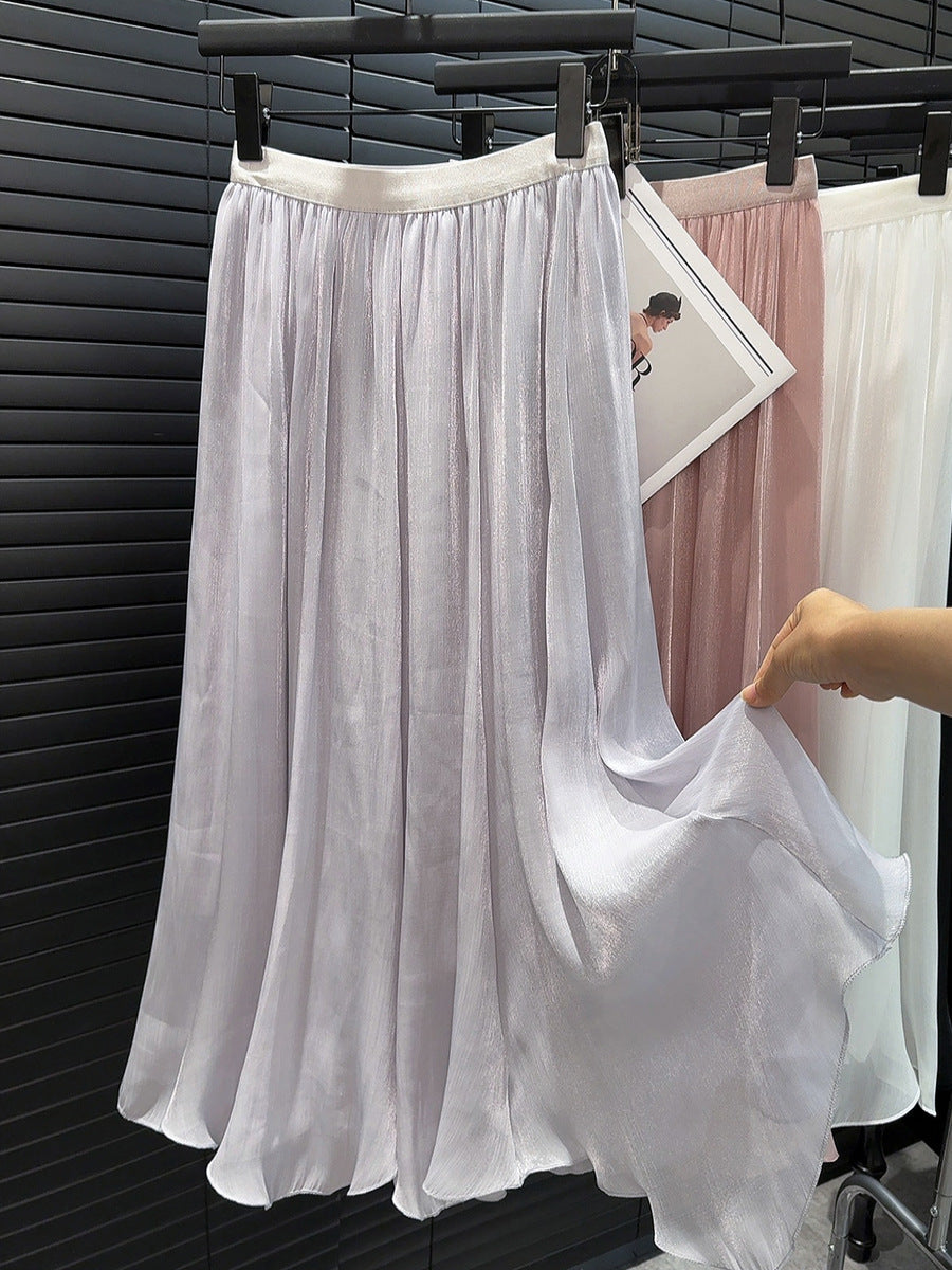 High Grade Streamer Tulle Skirt High Waist A line Skirt Summer Chiffon Western Slimming Large Hem Umbrella Skirt