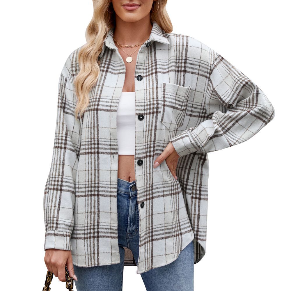 Autumn Winter Women Houndstooth Design Button Flannel Woolen Shirt