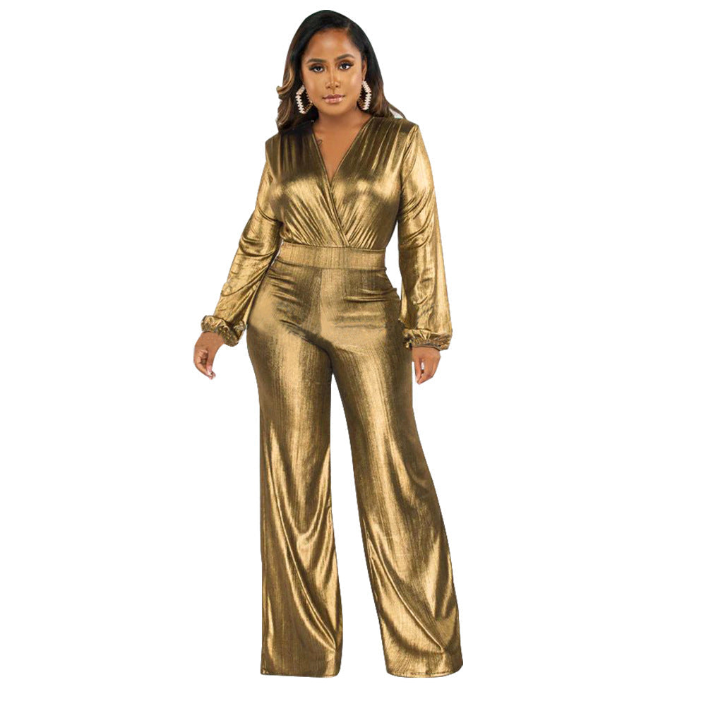 Women Clothing Autumn Sexy V Neck Lantern Sleeve Bronzing Jumpsuit