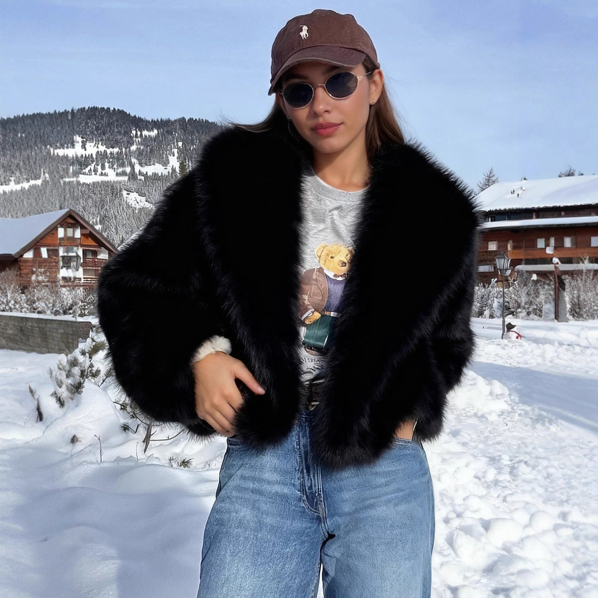 Autumn Winter Women Clothing Idle Collared Thickening Faux Fur Effect Plush Environmental Protection Fur Overcoat Coat