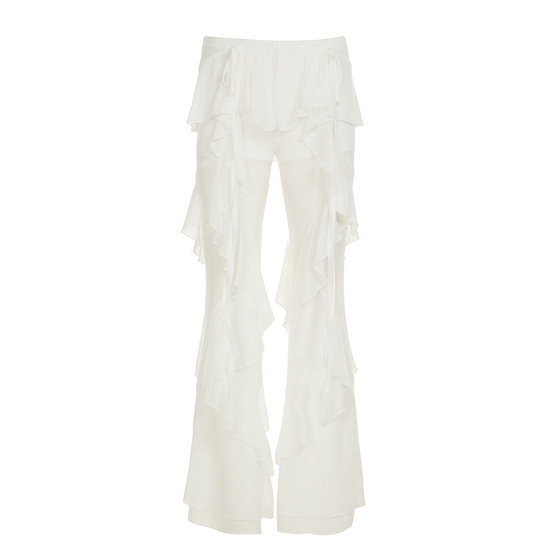 Women Clothing Ruffled Stitching Layered Mesh Trousers Sexy Cake Skinny Culottes