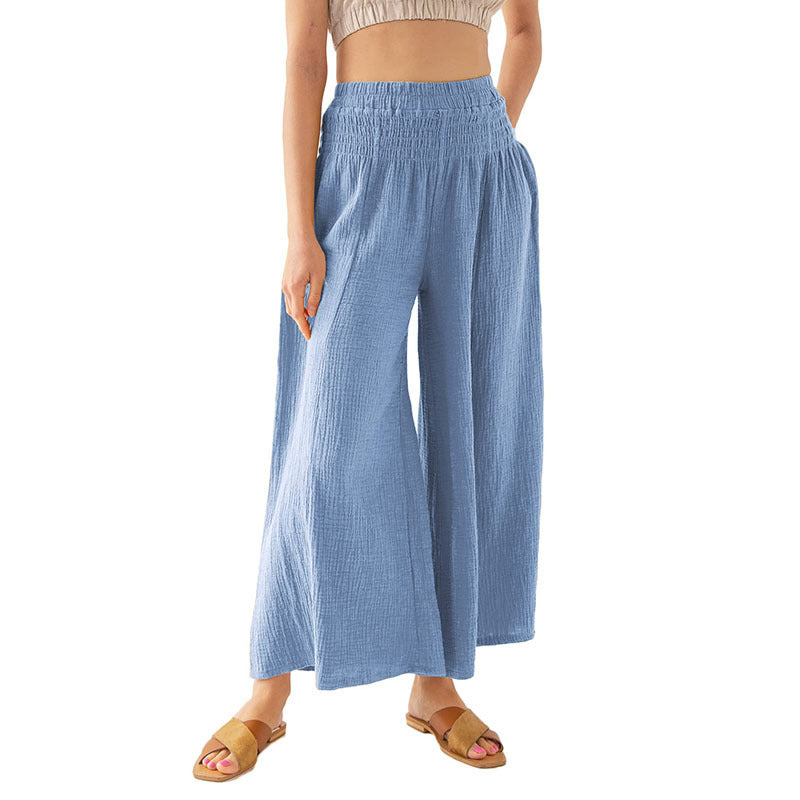 Women Summer Wide Leg Pants Loose Elastic High Waist Pure Cotton Double Layer Gauze Breathable Casual Yoga Pants
