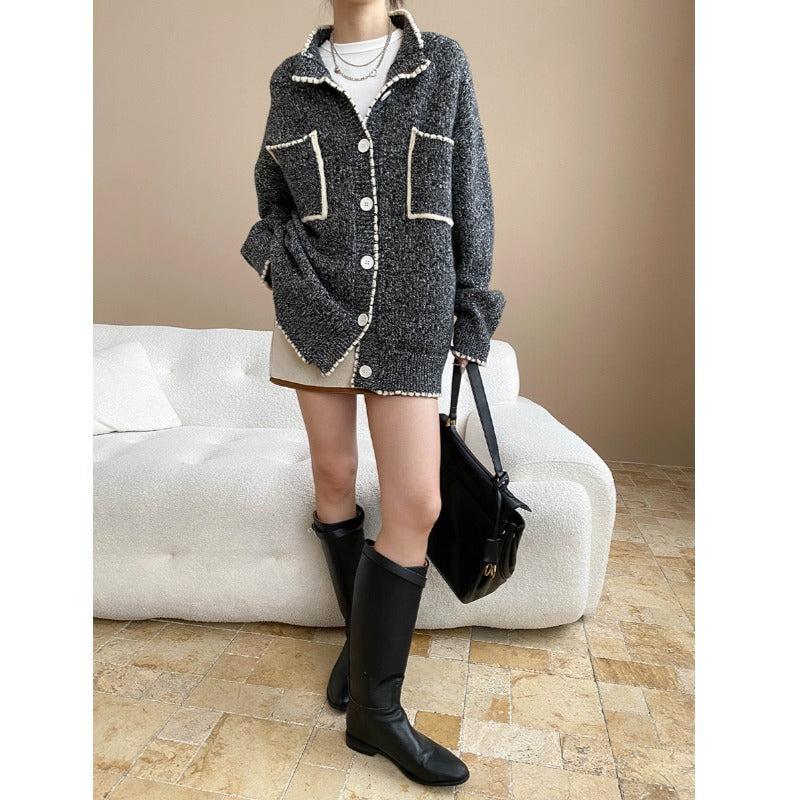Early Autumn Fashionable Double Pocket Contrast Color round Neck Lazy Loose Knitted Sweater Coat