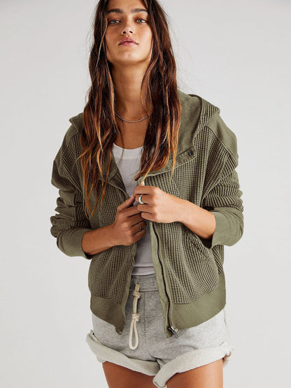 Fall Winter Patchwork Sweatshirt Women Clothing Hooded Long Sleeve Loose Lazy Zipper Hooded Sweatshirt