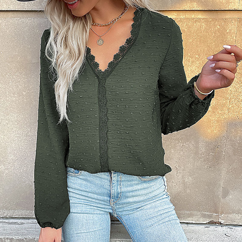 Autumn Women Clothing Long Sleeve Solid Color V neck Shirt for Women
