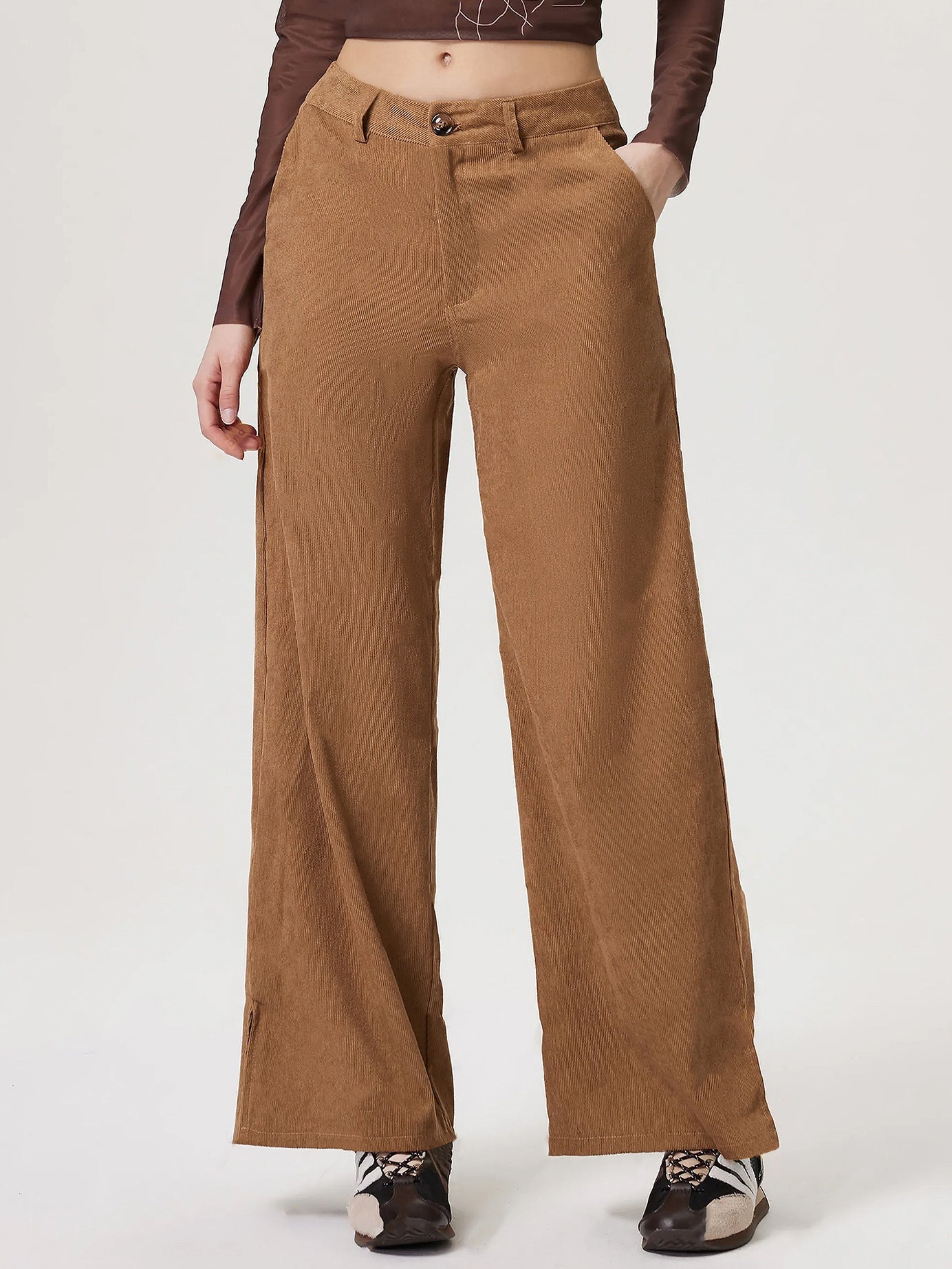 Women Clothing Retro Straight Wide Leg Corduroy Trousers